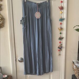 Umgee Dusty Blue Elastic-Waist Wide Leg Pants with Pockets and Tie Detail